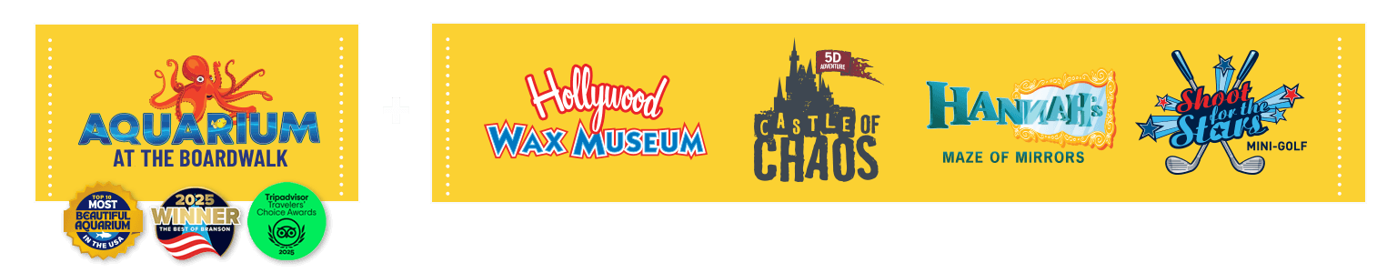 Two yellow banners with white dotted edges separated by a plus sign: left banner reads 'Aquarium at the Boardwalk' with an orange octopus and award icons; right banner features logos for Hollywood Wax Museum, Castle of Chaos, Hannah's Maze of Mirrors, and Shoot the Stars mini-golf.