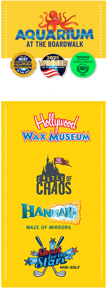 Two yellow panels: 'Aquarium at the Boardwalk' with three award badges on top, separated by a white plus sign from a second panel advertising 'Hollywood Wax Museum' and listed attractions below: Castle of Chaos, Hannah's Maze of Mirrors, and Shoot the Stars Mini-Golf.