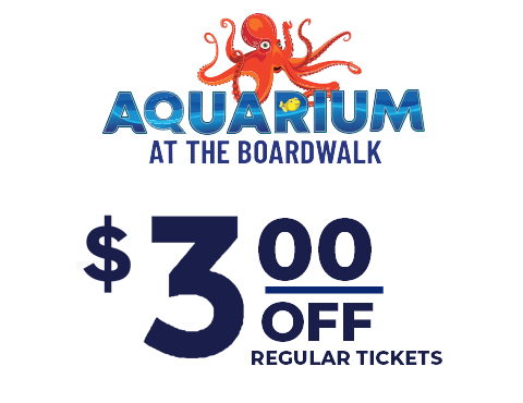 Promo banner for Aquarium at the Boardwalk: orange octopus above the blue logo, offering $3 off regular tickets.