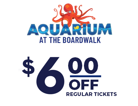 Promo banner for Aquarium at the Boardwalk: orange octopus above the blue logo, offering $6 off regular tickets.