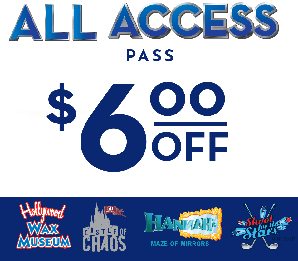 All Access Pass promotion: $6 off, with four attraction logos at the bottom of the banner.