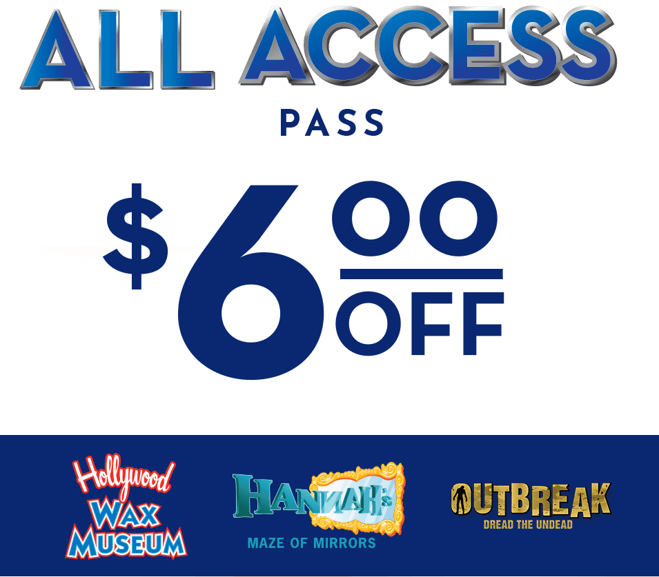 All Access Pass promotion: $6 off, with three attraction logos at the bottom of the banner.