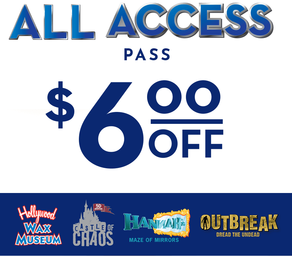 All Access Pass promotion: $6 off, with four attraction logos at the bottom of the banner.