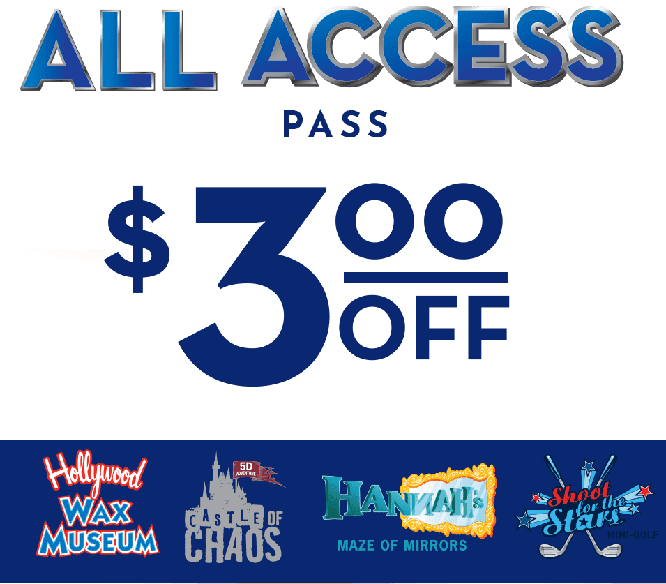 All Access Pass promotion: $3 off, with four attraction logos at the bottom of the banner.