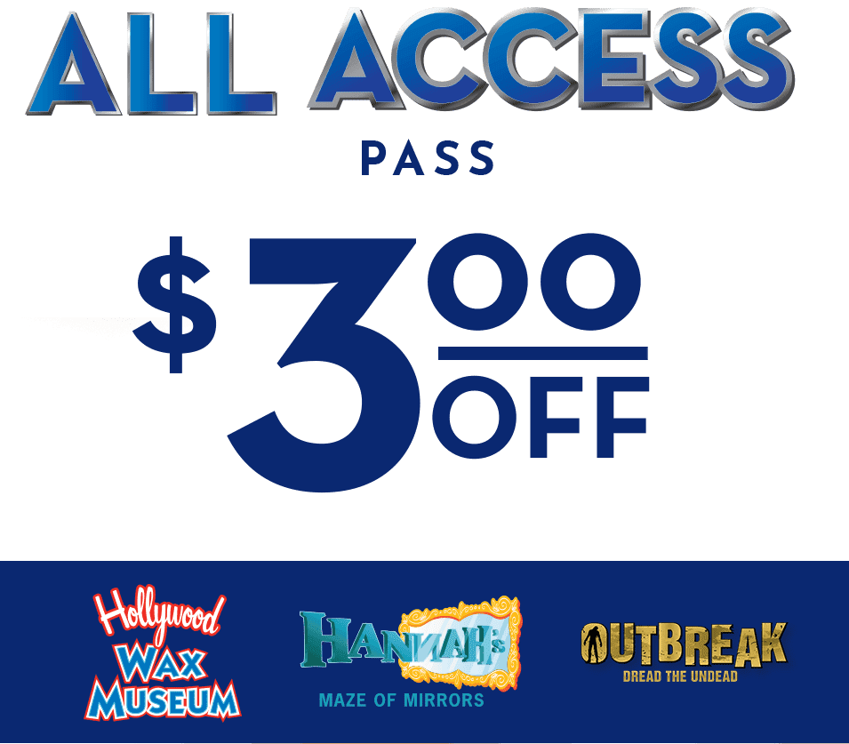 All Access Pass promotion: $3 off, with three attraction logos at the bottom of the banner.