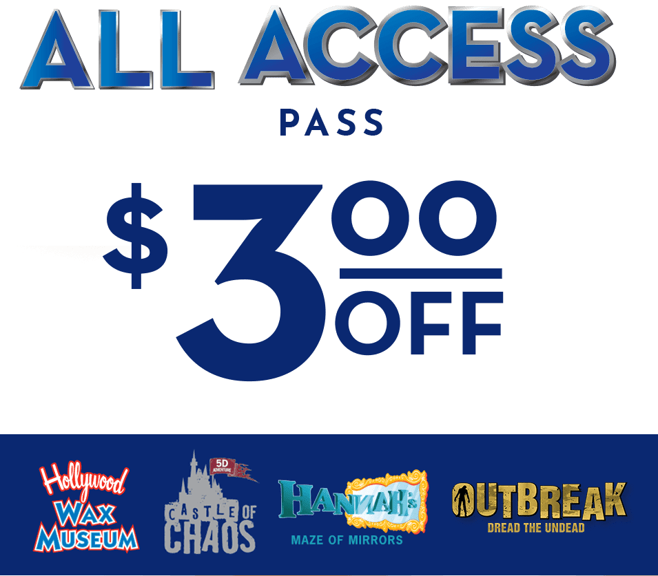 Promotional banner for All Access Pass with $3.00 off; bottom shows attraction logos on a blue strip.
